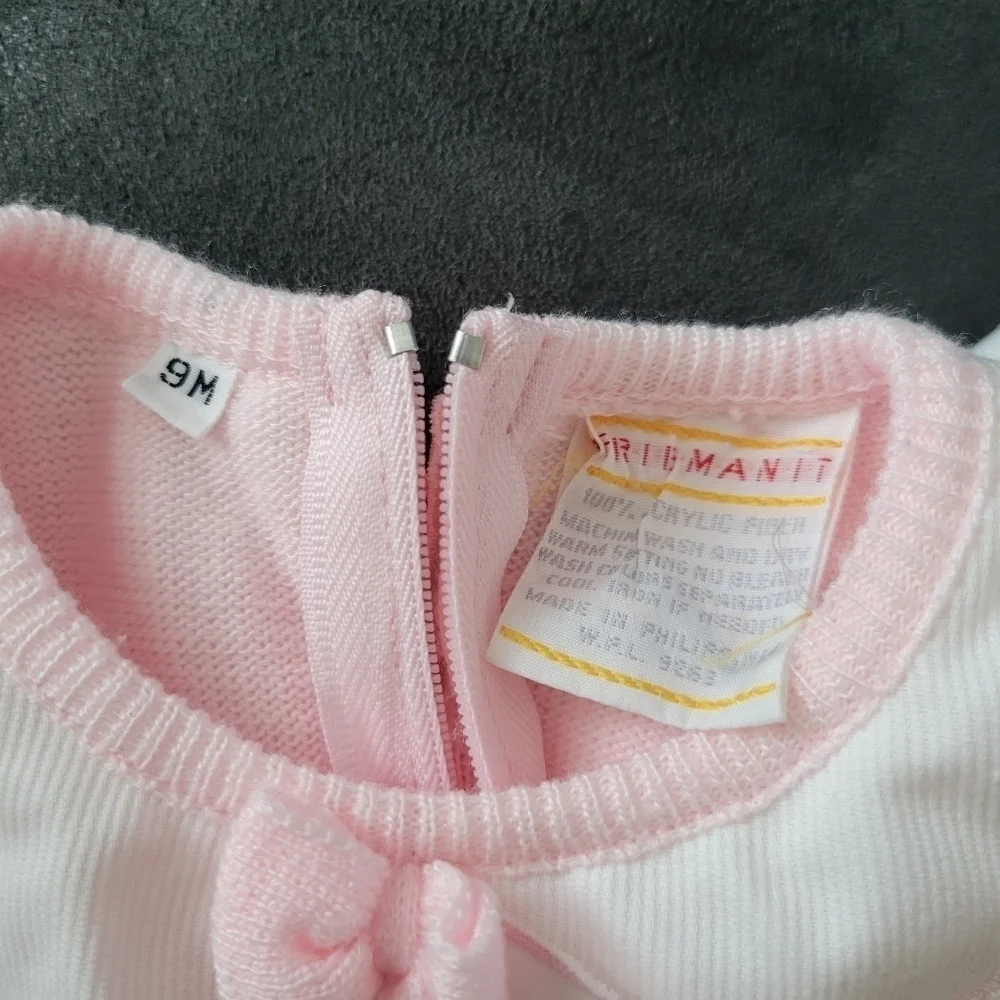 Friemanit Vintage Baby Girl 9 Months Light Pink Knit Outfit Square Collar Bear